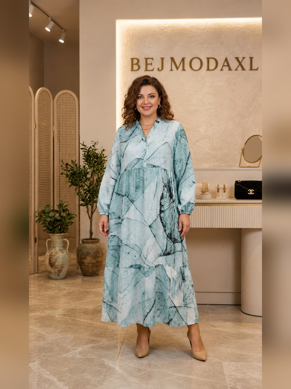 Mermer Desenli Katlı Elbise - Mavi