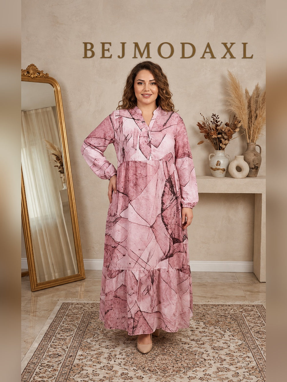 Mermer Desenli Katlı Elbise - Pembe