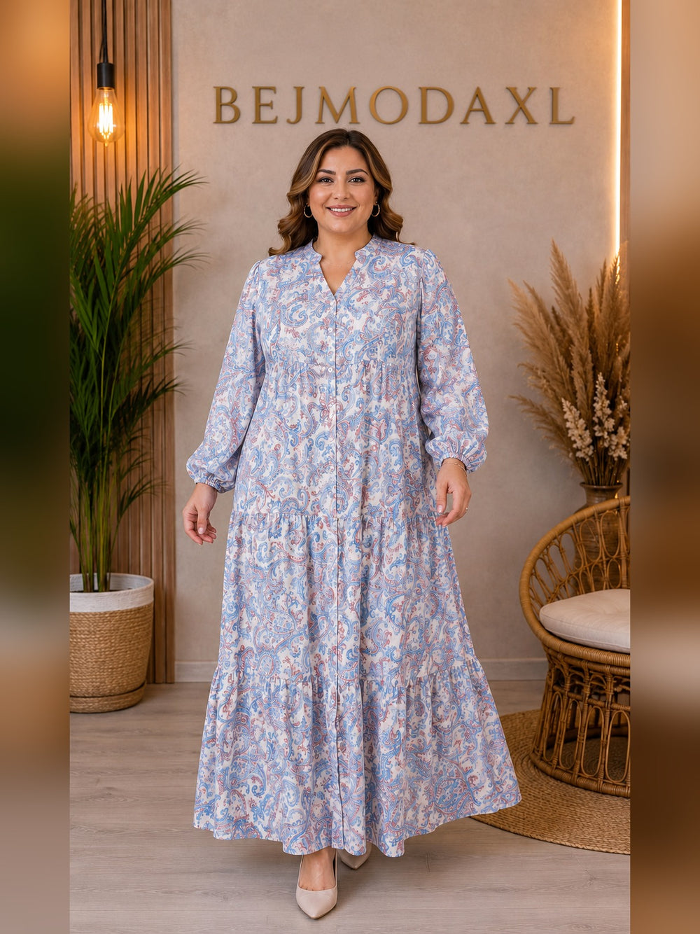 Paisley Desenli Volanlı Elbise - Mavi