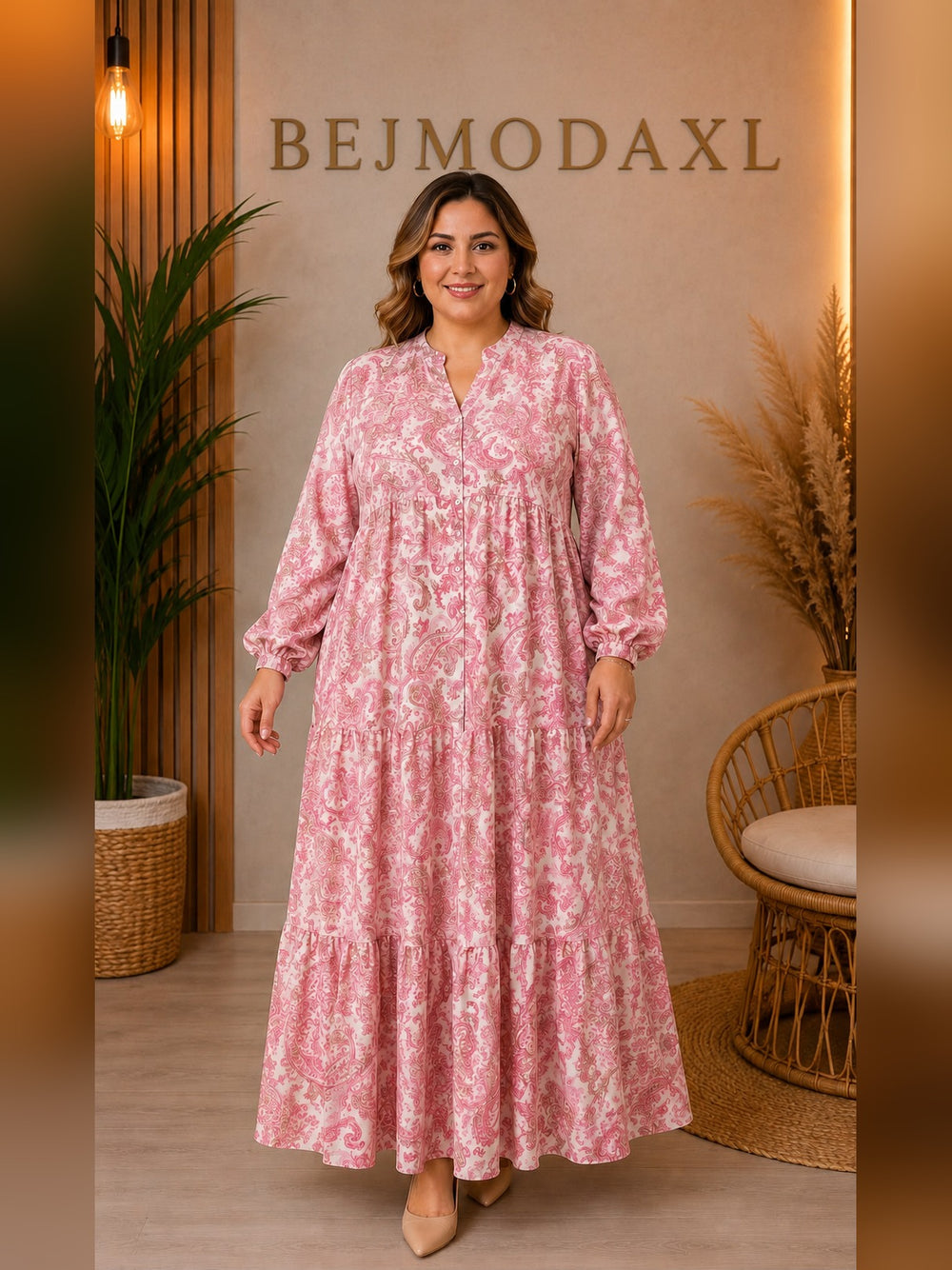 Paisley Desenli Volanlı Elbise - Pembe
