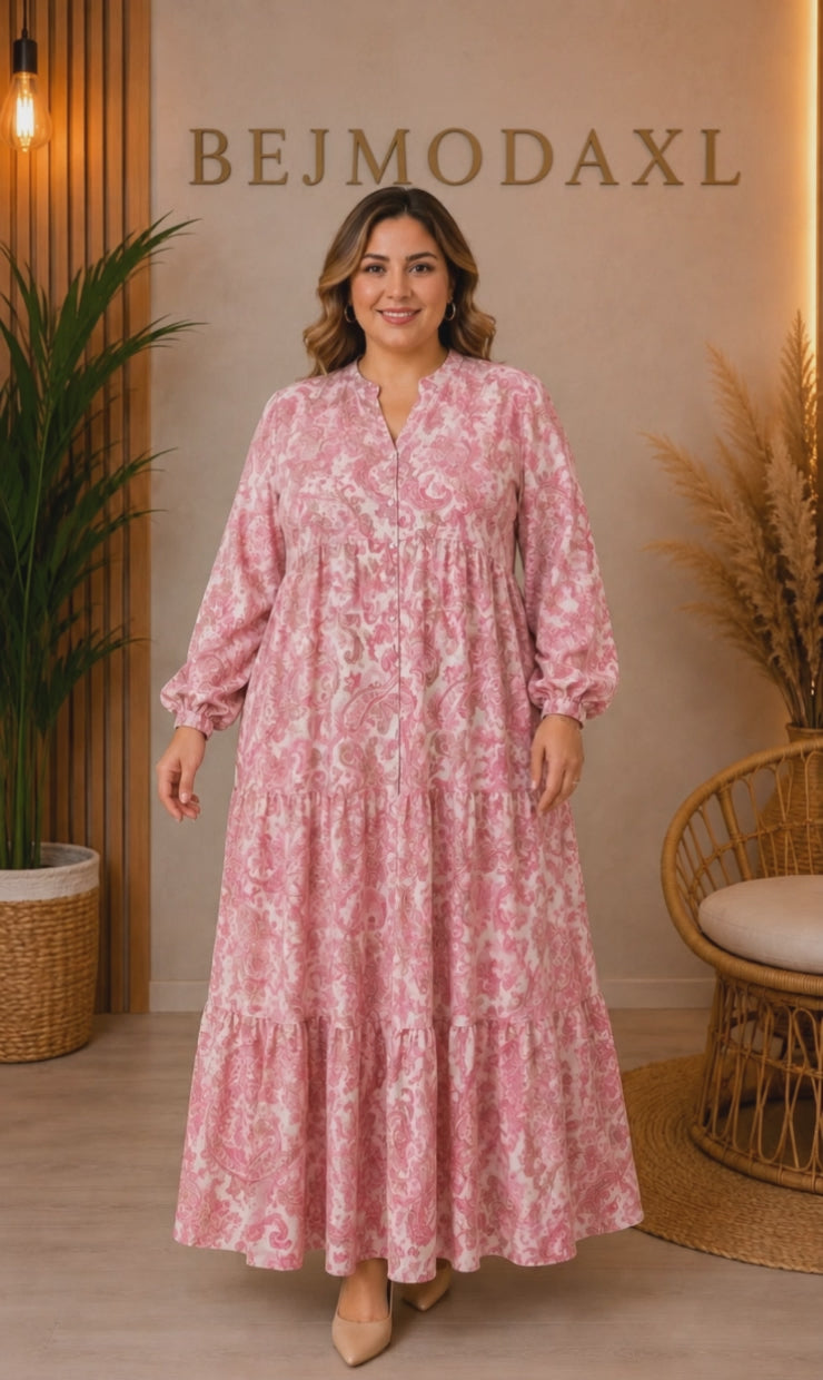 Paisley Desenli Volanlı Elbise - Pembe
