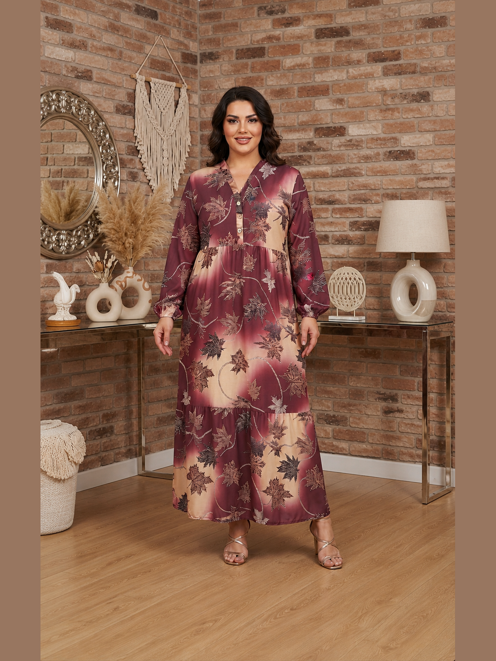 Yaprak Desenli Katlı Elbise - Bordo