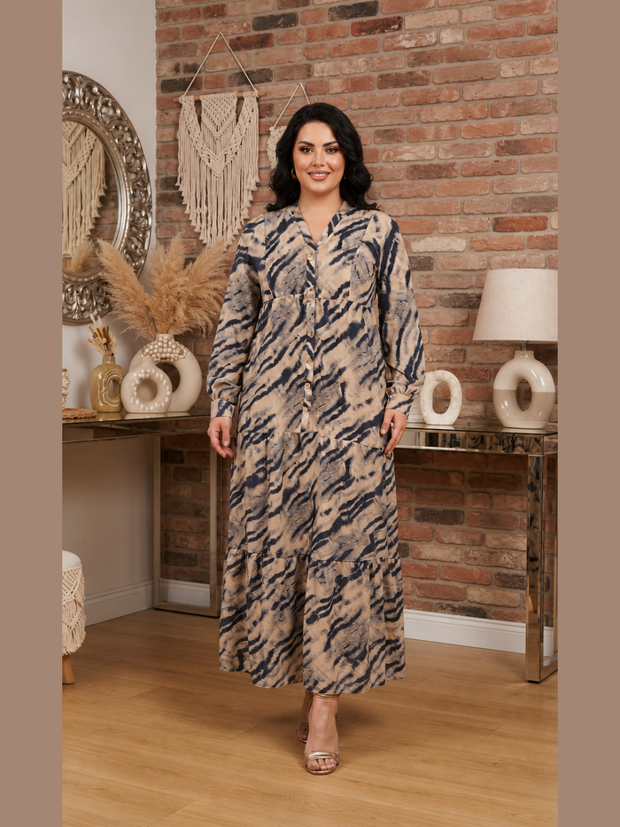 Zebra Desenli Katlı Elbise - Lacivert